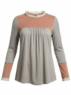 Lace-Trim Two-Tone Long Sleeve Top - Gray & Dusty Rose
